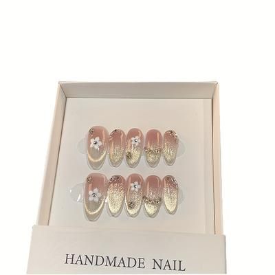 TEMU 10pcs Luxury Pure Handmade Wearable Nail Tips Fake Nails Light Relax Manicure With Cat Eye Rhinestone For Effect