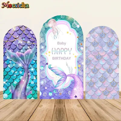 Mocsicka Purple Teal Mermaid Arch Birthday Backdrop with Eyelashes, Jellyfish & Bubbles Photography