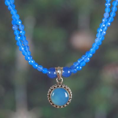 'Blue Chalcedony and Sun-Shaped Pendant Necklace from India'