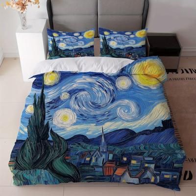 TEMU 3pcs Starry Night Bedding Set Blue And Yellow Van Gogh Art Print (1duvet Cover + 2pillowcase, Without Core) For Bedroom Decor
