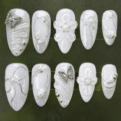 TEMU 11.20-4233-xs-s-m Elegant Women's Short 10pcs Almond Style Handmade White 3d Flower Line Beads Water Ripple Glitter False Nails