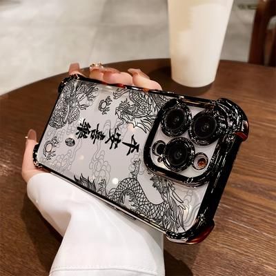 TEMU Cartoon Black Dragon Pattern Phone Case For Iphone 16 15 14 11 Pro Xr Xsmax 8 7 Plus Transparent Soft Back Cover