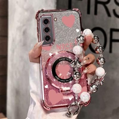 TEMU Pearl Wrist Strap Magnetic Glitter Heart Phone Holder Case On For Galaxy S21 Fe Galaxys21fe 5g Anti-knock Shock Proof Stand Back Cover