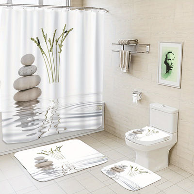 TEMU 4pcs Stone And Plant Spring Bathroom Curtain Polyester Shower Curtain No-hole Punch Partition Bath Curtain