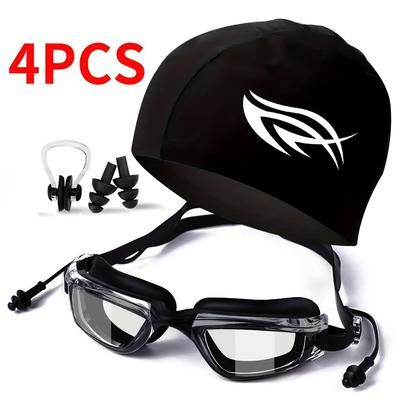 TEMU 4pcs Swimming Gear, Men's And Women's Swim Goggles Set, Adjustable Swim Goggles, Swim Cap, Nose Clip, And Earplugs Swim Accessories. Ideal For Swimming Sports