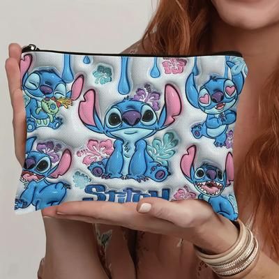 TEMU Stitch Cosmetic Bag – Vibrant Tropical With Glossy Zipper, Durable Travel Pouch For , High-quality Stitched Edges