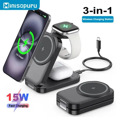 Minisopuru 3 en 1 Station de recharge sans fil pliable magnétique 15W support de chargeur rapide pour iPhone 16 15 pour Apple Watch AirPods