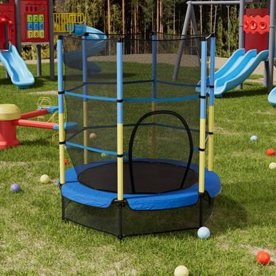 TEMU 55- & Yellow Striped Trampoline With Safety Net - Durable Metal Frame, Indoor/ Jumping Platform, Anti-tipover Design For Safe Family Fun, Trampoline For Outside