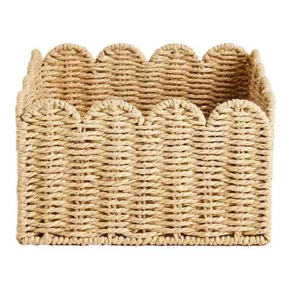 Cestino con bordo smerlato A77E, cestini portaoggetti in vimini, cestini organizzativi intrecciati a mano per scaffali, design in corda di carta