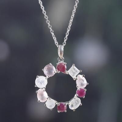 Vibrant Wreath of Gems,'Rainbow Moonstone Rose Quartz Garnet Silver Pendant Necklace'