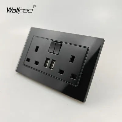 UK Standard Double Switched Power Socket with 2 USB Charging Ports Black Tempered Glass 146x86mm Size