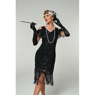 Anni Ruggenti Anni 1920 Lunghezza al ginocchio Vestito Abito Flapper Abiti Spalle scoperte Il grande Gatsby Invitato al matrimonio Paillettes Frangia con nappe Scollo a V Costume Per donna Natale