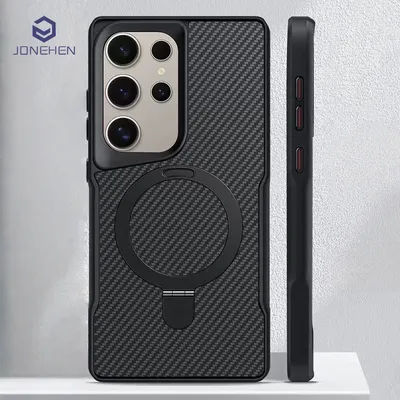 Magnetic Carbon Fibre Pattern Metal Holder Ring Case For Samsung Galaxy S25 Plus 24 23 S22 Ultra Slim Armor Cover For Magsafe