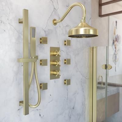 Randolph Morris Tranquil Rainfall Thermostatic Shower Set with Round Showerhead, Square Handshower, Metal Cross Valve, and 6 Sqaure Body Jets - Brushed Brass RMAS-3TMC-RRHGN-HSSQ-6BSQ-BB