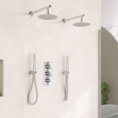 Randolph Morris Tranquil Rainfall Wall Mounted Shower Set with 2 Wall Mount Rainfall Round Shower Heads, Round Valve, 2 Round Handshowers - Chrome RMAS-3TR-2RH-2HSW-C