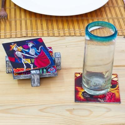 'Set of 6 Day of the Dead-Inspired Decoupage on Wood Coasters'