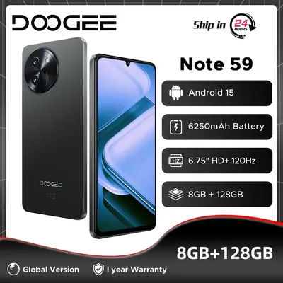 Global Version DOOGEE Note 59 5G 32GB(8+24) 128GB 6.75" 120Hz 6250mAh Large Battery UNISOC T8200 Octa Core Android 15 NFC
