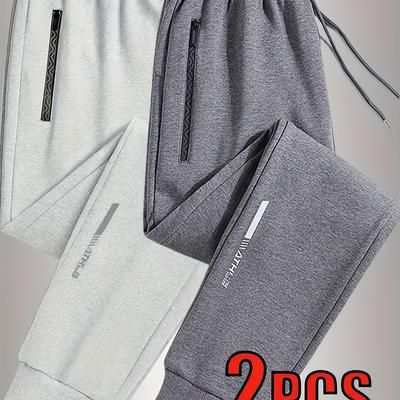TEMU 2pcs Men's Casual Jogger Pants, 95% Polyester 5% Elastane, Mid-rise Waistband, Solid Color, Knit Fabric, Regular Fit With Zipper Pockets, Soft Stretch, Ideal For Outdoor Wear