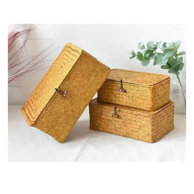 Contenitori portaoggetti piatti in vimini intrecciato con coperchio Scatole per cestini in alghe marine naturali Scatole multiuso per giocattoli domestici per organizer per scaffali