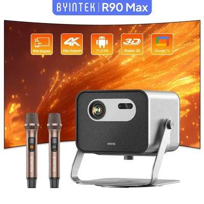BYINTEK R90 Max Projector 4K Full HD 1080P 2200 Anis Lumens Android 11.0 WiFi 6 Auto Focus Video Home Movie Theater Projectors