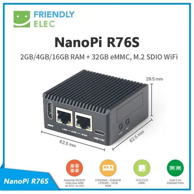 NanoPi R76S 3GB/4GB/16GB RAM +0/32GB/64GB eMMC,M.2 SDIO WiFi,RK3576,CNC