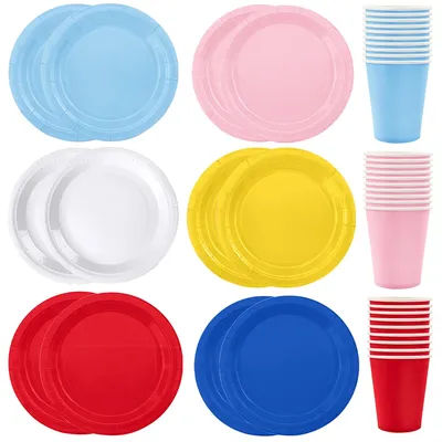 10/30/50 Solid Color Pink Blue Red White Black Paper Plate Disposable Drinking Cups Baby Shower Wedding Birthday Party Supplies