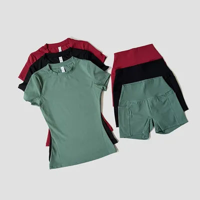 Sports Sets Fitness Hip-lifting Tight Top Short Sleeve Running Workout Gym Shorts Tracksuits For Women Breathable Sports Suits