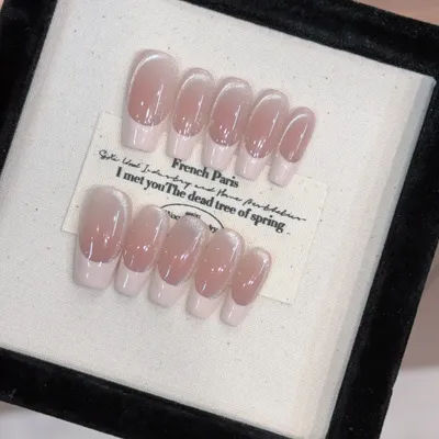 10 pièces argent paillettes oeil de chat presse sur ongles français Blush faux ongles brillant couverture complète cercueil court Ballet faux ongles pour les femmes