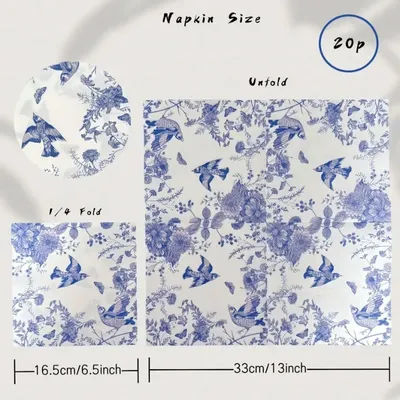 20pcs 33cm 2Layer Chinese Style Blue Flower and Bird Print Party Tissue Decoration Colored Paper Placemat DIY Decoupage Paper