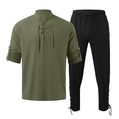 Retrò Vintage Medievale Rinascimento Pantaloni Abiti Camicia Pirata Ranger Costume Per uomo Vichingo Halloween Carnevale Mascherata Performance Mascherata LARP Adulti Camicia Pantaloni