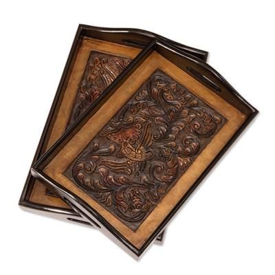 'Baroque-Inspired 2-Piece Mohena Wood and Leather Tray Set'