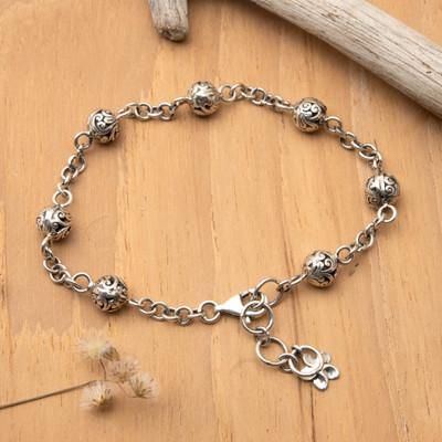 Swirling Garden,'Silver Station Bracelet with Balinese Swirl Sphere Accents'