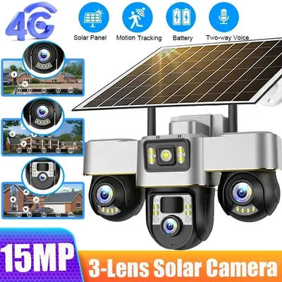 V380 Pro Solar Cameras 4G Outdoor With Three Lenses Three Screens 15MP Security Battery Operated Surveillance With PTZ Control