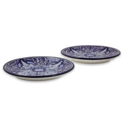 Puebla Kaleidoscope,'Artisan Crafted Blue Ceramic Luncheon Plates (Pair)'