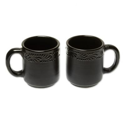 Tradition in Black,'Handmade Ceramic Mugs from Mexico (Pair)'