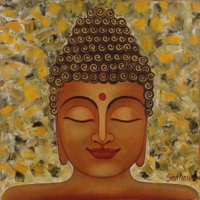 Golden Buddha II,'Original Lord Buddha Oil on Canvas Painting from India'