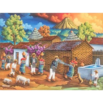 Courting,'Colorful Oil Painting of a Small Guatemalan Maya Town'