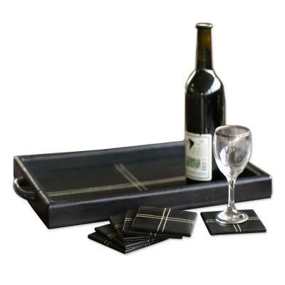 Leather and cedar tray and coaster set, 'Black Tie' (set for 6)