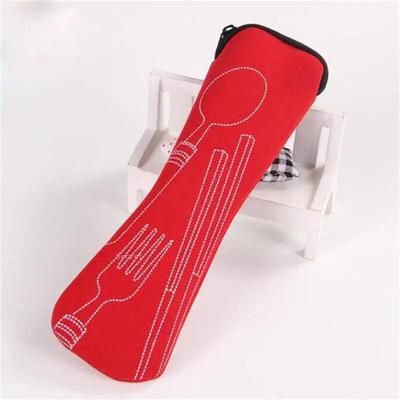 Washable Tableware Bag With Zipper: Portable Cutlery Kit For Travel, Camping Spoon, Fork, Knife Holder Red
