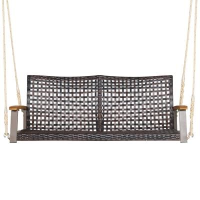 Weatherproof Rattan Hanging Porch Swing Chair With Soft Cushion And Acacia Armrests, Ideal For Patio, Balcony Weatherproof Rattan Hanging Porch Swing Chair With Soft Cushion And Acacia Armrests, Ideal For Patio, Balcony