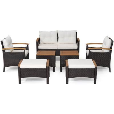 Premium Rattan Patio Sofa Set With Acacia Wood Armrests And Tabletop, Outdoor Lounge Furniture With Cushions, Ottomans Premium Rattan Patio Sofa Set With Acacia Wood Armrests And Tabletop, Outdoor Lounge Furniture With Cushions, Ottomans