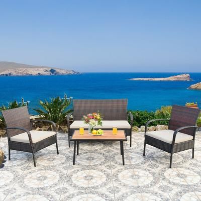 Outdoor 4 Piece Wicker Conversation Set With Thick Cushions & Acacia Wood Table Outdoor 4 Piece Wicker Conversation Set With Thick Cushions & Acacia Wood Table