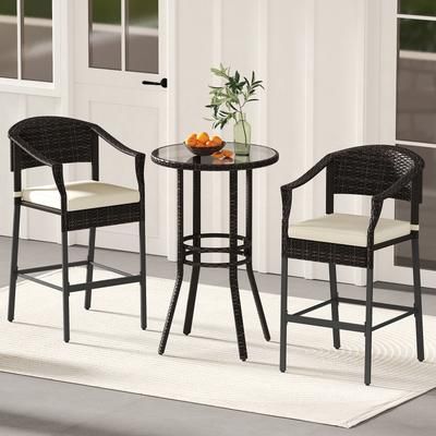 3 Piece Patio Rattan Bar Set With Tempered Glass Top Perfect For Backyard & Poolside Relaxation 3 Piece Patio Rattan Bar Set With Tempered Glass Top Perfect For Backyard & Poolside Relaxation