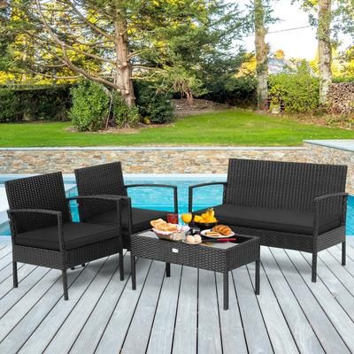 4 Piece Patio Rattan Furniture Set With Cushion, Outdoor Wicker Sofa & Coffee Table 4 Piece Patio Rattan Furniture Set With Cushion, Outdoor Wicker Sofa & Coffee Table