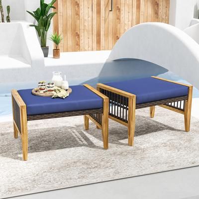Patio Acacia Wood Ottomans With Cushions Versatile Rattan Woven Footstools For Indoor & Outdoor Use Patio Acacia Wood Ottomans With Cushions Versatile Rattan Woven Footstools For Indoor & Outdoor Use