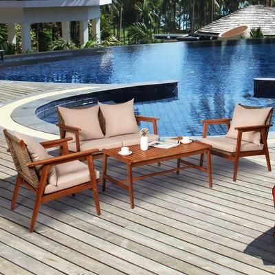 Acacia Wood & Rattan 4 Piece Patio Furniture Set, Thick Zippered Cushions Included Acacia Wood & Rattan 4 Piece Patio Furniture Set, Thick Zippered Cushions Included