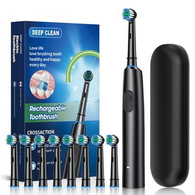 Rechargeable Electric Tooth Brush For Adults, Rotary Cleaning With 8 Brush Heads, 5 Modes, Long Lasting Battery Power black 8 Heads Box