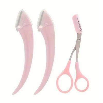 Eyebrow Trimmer Set With Curved Eyebrow Razor And Scissors Comb, Easy Beauty Tools For Beginners And Precision Grooming pink
