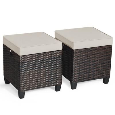 2 Pieces Patio Rattan Ottoman Set With Removable Cushions, Outdoor Wicker Footrest Stools For Backyard, Garden, Porch 2 Pieces Patio Rattan Ottoman Set With Removable Cushions, Outdoor Wicker Footrest Stools For Backyard, Garden, Porch