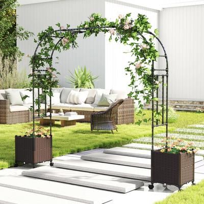 6.6 Feet Garden Arch Trellis With 2 Planter Boxes & Wheels, Outdoor Metal Arbor For Climbing Plants, Weddings, Backdrop 6.6 Feet Garden Arch Trellis With 2 Planter Boxes & Wheels, Outdoor Metal Arbor For Climbing Plants, Weddings, Backdrop
